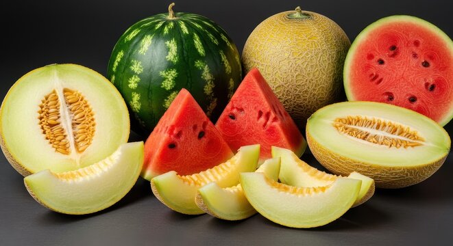 A colorful display of whole and sliced summer melons, including juicy watermelon, sweet cantaloupe, and smooth honeydew, highlighting fresh summer fruit harvest, assortment, raw, ingredient