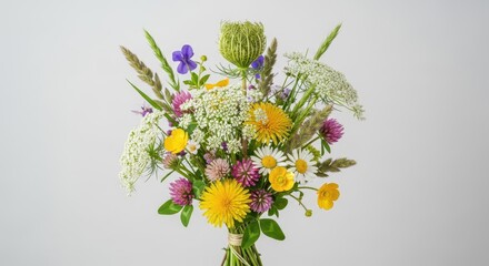 Obraz premium A rustic hand-tied bouquet composed entirely of common wild plants and meadow flowers, showcasing unexpected beauty in unwanted growth, growth, unexpected, studio shot