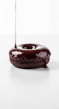 A single rich chocolate donut, glistening with glaze, sits innocently on a pristine white surface, challenging restraint and willpower, donut, sweet, doughnut