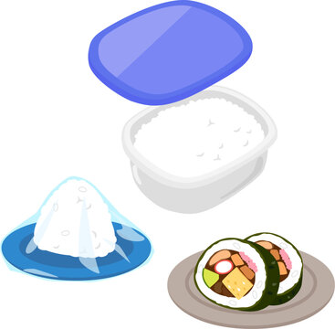保存容器に入れたご飯とラップをかけたおにぎりと巻き寿司