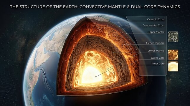 Earth's detailed internal structure, displaying geosphere layers, molten outer core, solid inner core, flowing convective mantle, rigid crust, asthenosphere, tectonic plate composition.
