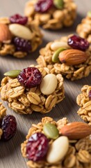 Fototapeta premium Close-up macro shot of healthy fiber-rich granola and wheat bran clusters scattered on a wooden table, emphasizing texture and ingredients, mix, baked, natural