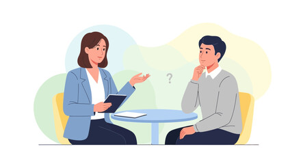 Obraz premium Psychologist or therapist consulting with a thoughtful man, discussing problems and solutions.