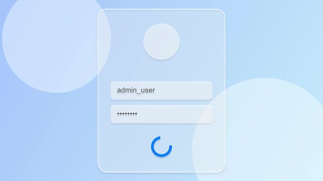 Modern Glassmorphism Login Screen Animation with Username and Password Fields and Loading Spinner on Blue Abstract Background