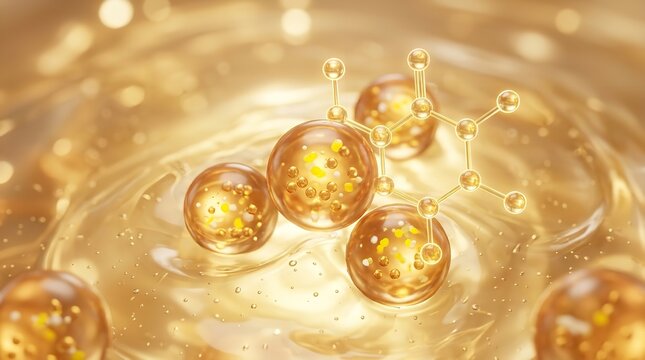 Golden cosmetic serum spheres floating in a luxurious liquid base with a molecular structure symbol representing advanced skincare science and effective hydration for vibrant healthy skin in this beau
