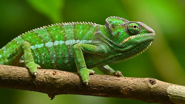 Vibrant green chameleon perched on textured branch showcasing intricate camouflage patterns in natural sunlight highlighting vivid scales and detailed facial crests for wildlife photography