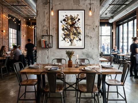 Modern loft cafe restaurant interior with wooden furniture and exhibition art