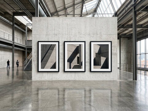 Triptych art gallery mockup in industrial concrete exhibition hall