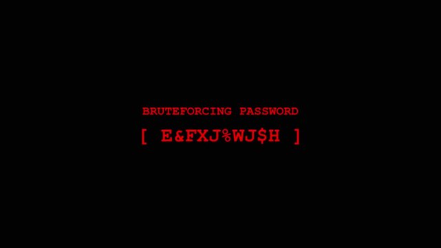 Retro Cyber Security Hack Interface Displaying Bruteforcing Password Attack with Flickering Text on Black Background