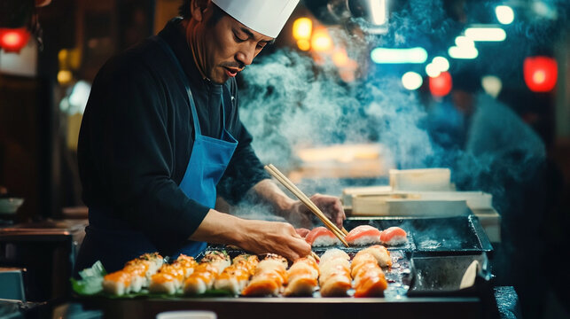 Japanese street vendor selling fresh sushi, night market atmosphere