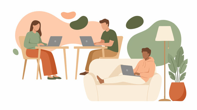 People working from home on laptops, remote work concept illustration