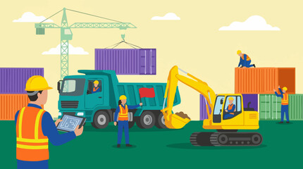 Construction or port workers managing cargo containers with heavy machinery © SABSTOCK