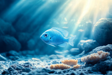 Fototapeta premium Tropical underwater world with colorful fish swimming around vibrant coral reef illuminated by sunrays, generative ai