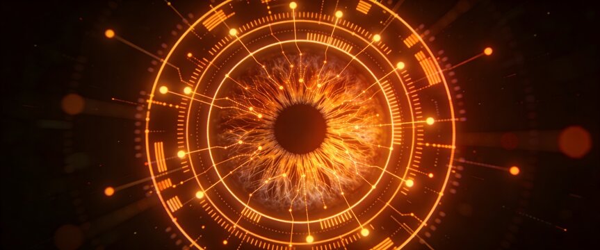 Glowing amber neural network iris scan technology background