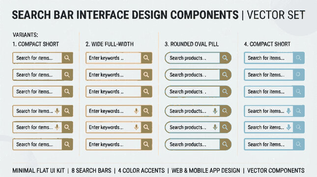 Modern search bar interface design components with minimal ui kit colorful buttons and vector elements for web and mobile apps