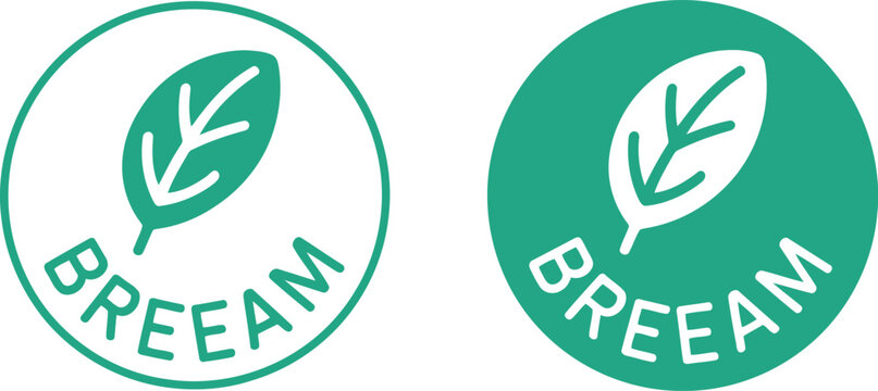 BREEAM certified eco label icons with green leaf symbol for sustainable building and environmental certification
