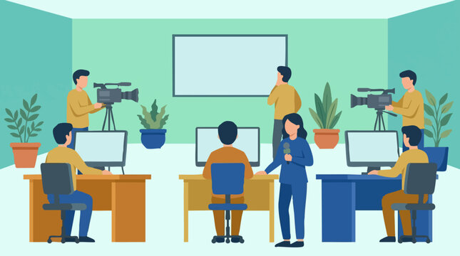 Media production team working in television studio on broadcast content