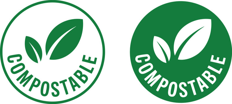 Compostable eco-friendly label icons with green leaf symbols for sustainable packaging and biodegradable products
