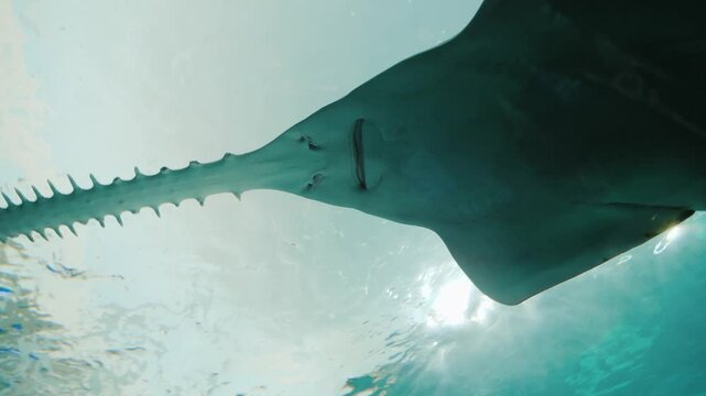 Low angle view of a sawtooth fish swimming in clear blue ocean water.