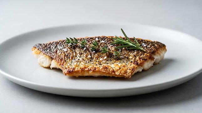 Delicious pan-seared sea bass fillet with crispy skin, fresh rosemary, and thyme on a minimalist ceramic plate