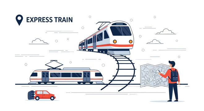 Express Train Travel Concept: Modern Passenger Train, Tourist with Map and GPS Navigation