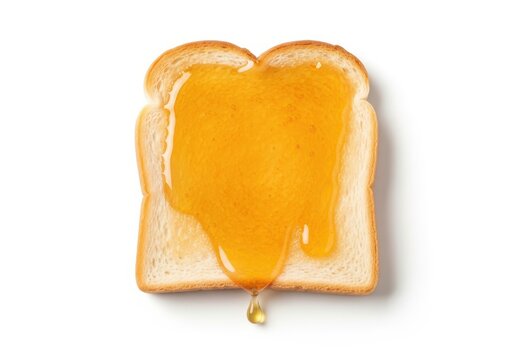 Slice of toasted white bread with golden honey dripping down, isolated