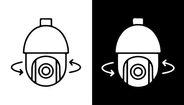 Surveillance camera icon: A security camera graphic, presented in both black and white with a minimalistic design, depicts the ability to observe a location.