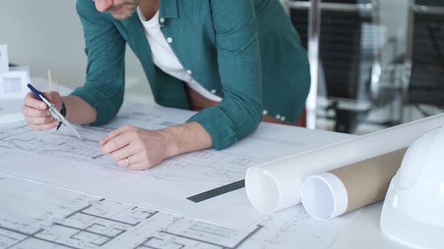 Architect drawing on blueprint plans with ruler and pen, designing new building construction project, engineering workspace. Architecture and business concept