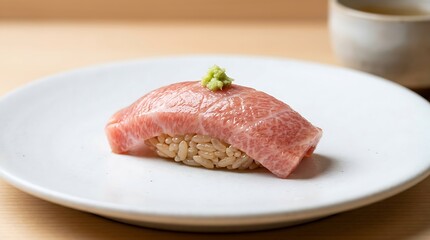 Fototapeta premium Close up of gourmet Otoro Nigiri sushi with fresh wasabi on white plate in minimalist Japanese restaurant