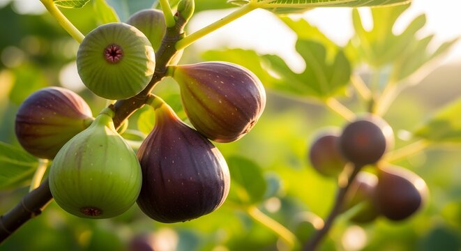 Ripe and unripe figs on a tree branch with green leaves