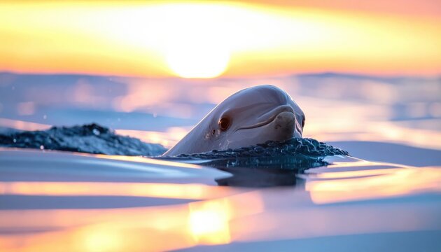 Small Vaquita Porpoise Surfacing in Calm Ocean Water During Golden Hour Sunset. This cinematic widescreen shot features a rare grey porpoise with dark eye rings appearing amidst rippling waves.