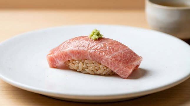 Close up of gourmet Otoro Nigiri sushi with fresh wasabi on white plate in minimalist Japanese restaurant