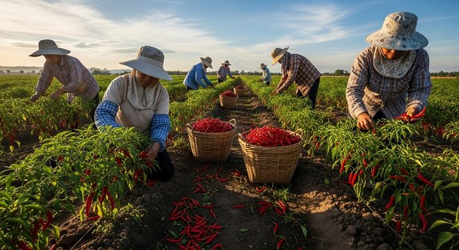 People harvesting red chili peppers