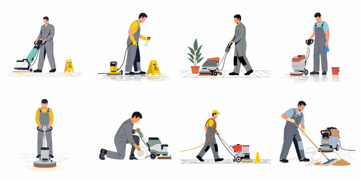 Set of professional male cleaners operating industrial floor scrubbing and polishing machines for commercial maintenance, isolated on white background.