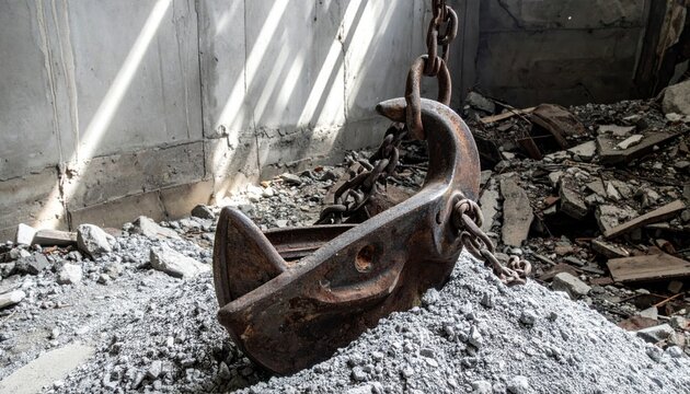 Massive weathered iron grappling hook with heavy chains rests on a pile of gray rocks in a cinematic abandoned industrial setting, showcasing rugged strength and gritty urban decay.