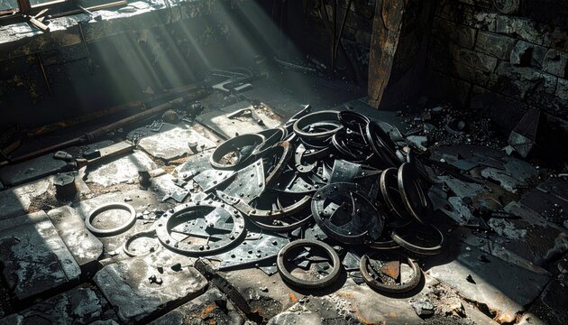 Ancient collection of damaged iron ring fragments and broken rivets from medieval armor, scattered on a stone floor in a cinematic workshop with atmospheric light rays.