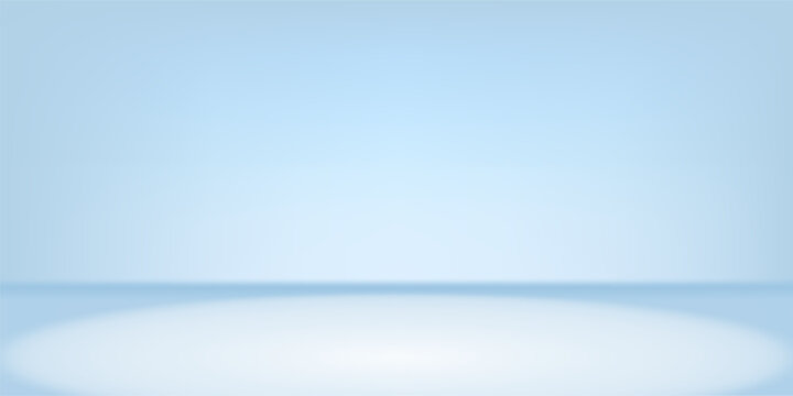 Studio light blue room, minimal 3d background of limbo product. Gradient podium platform for cosmetic base display and floor in white spot. Cyan table sunlight on sky blue abstract bg, empty ground