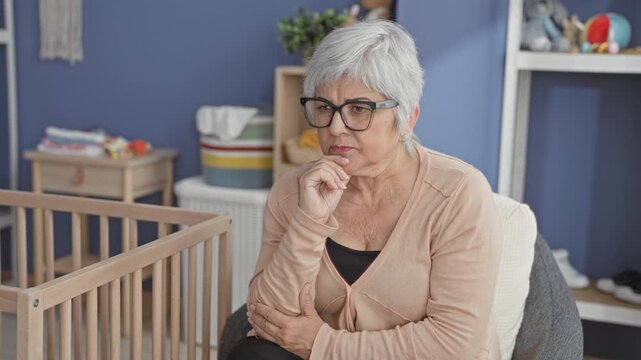 Middle aged woman with short gray hair holding fingers to mouth beside wooden cradle and baby crib in nursery building; worry solitude care.