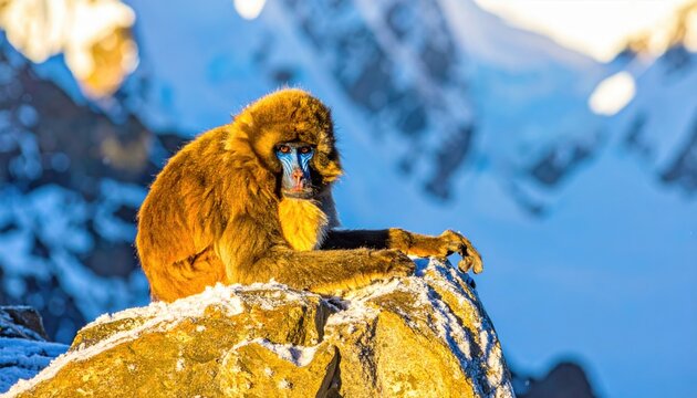 Golden snub nosed monkey with blue face and thick orange fur huddling on frost covered mountain rocks during sunrise. This cinematic widescreen wildlife scene showcases exotic high altitude animals.