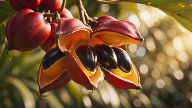Tropical ackee fruit hanging on tree branch, ripe red ackee pods opening to reveal black seeds, exotic Caribbean flora in golden sunlight