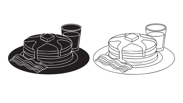 Pancake breakfast line art icon with bacon and milk