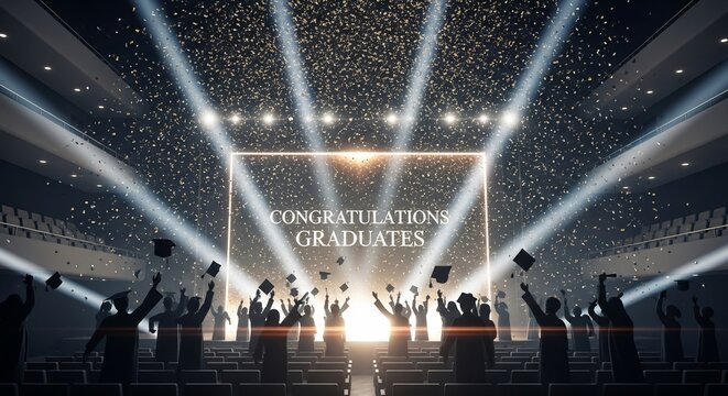 Graduates celebrate with confetti and spotlights