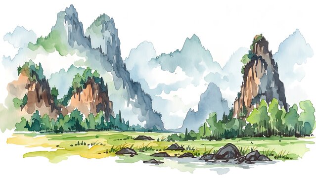 水彩タッチで描かれたカルスト地形 山岳風景イラスト