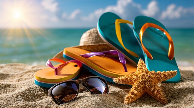 Colorful flip-flops in vibrant hues resting on sandy beach with a starfish and sunglasses, ocean waves and bright sunlight in the background