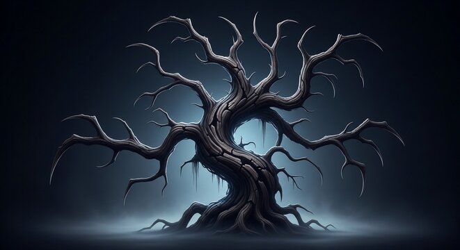 A gnarled, ancient, dead tree with twisted branches and roots, illuminated by an eerie blue light against a dark, misty background.