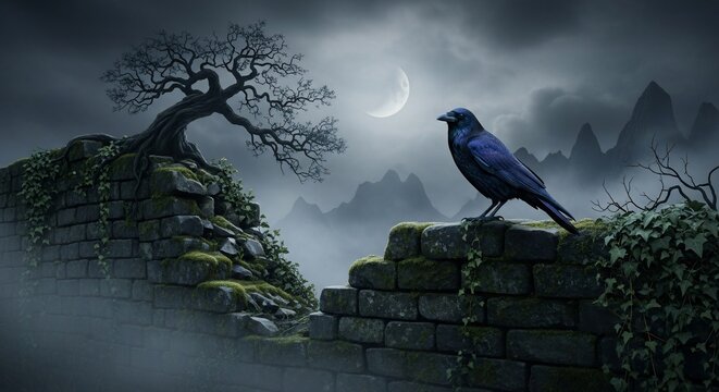 Raven perched on stone wall