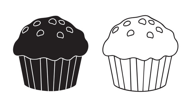 Cupcake silhouette and outline icon set