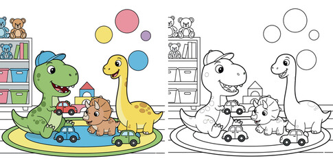 Cute Cartoon Dinosaurs Playing with Toy Cars in a Playroom with Bookshelves and Decor © MstSangita