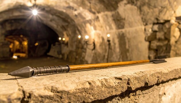 Heavy iron crossbow bolts with thick wooden shafts and triangular metal heads lying on a stone ledge in a dark medieval dungeon, providing a cinematic banner background for historical concepts.