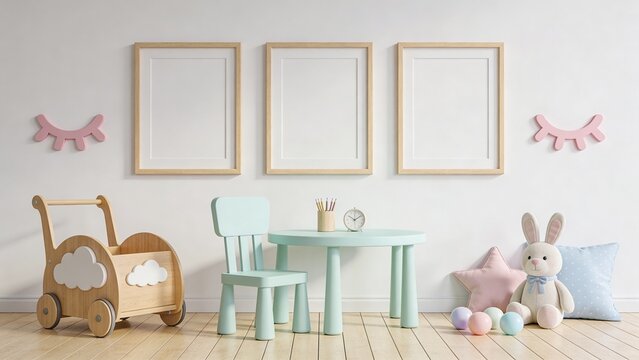 Image depicts a minimalist and pastel-themed children's playroom. The layout features three blank wooden frames on a white wall,